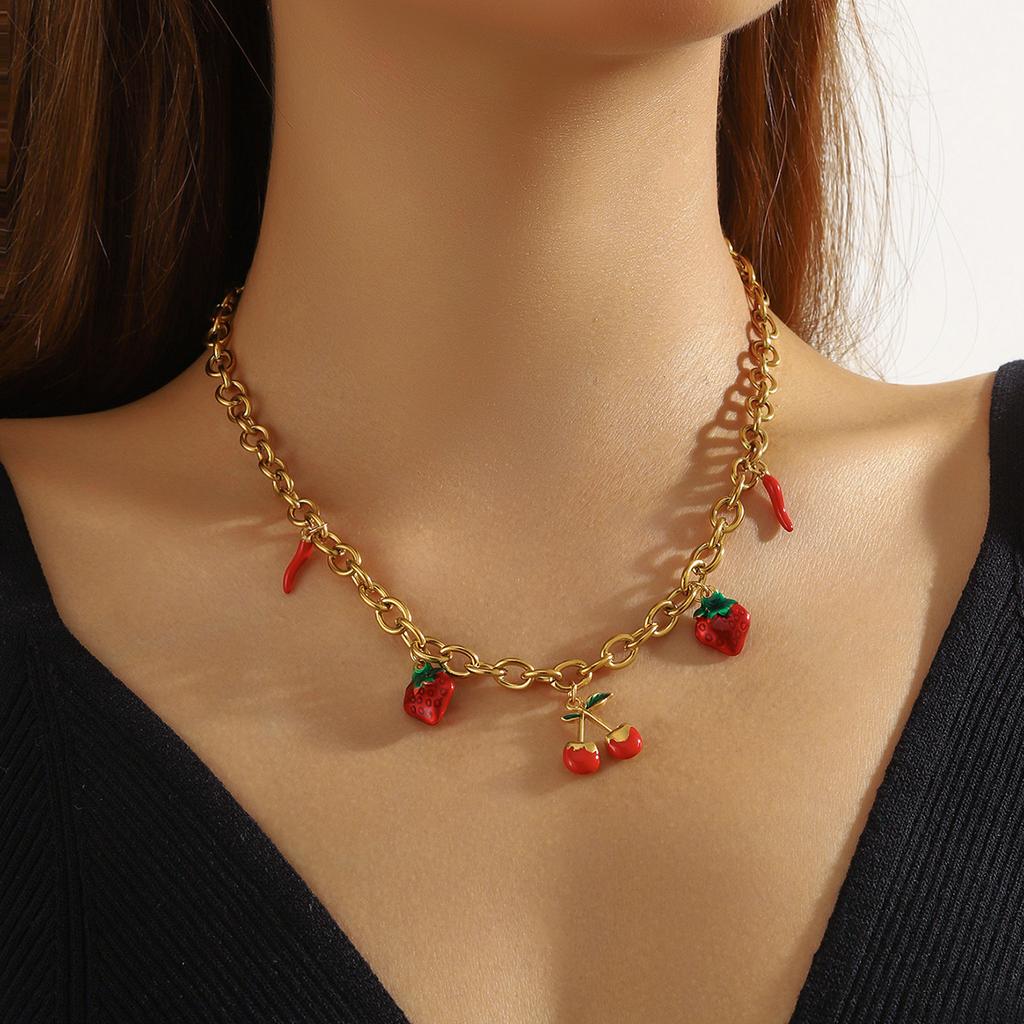 DIEYURO 316L Stainless Steell Red Fruits Cherry Shaped Pearl Many Pendants Necklace For Women New Neck Chain Jewelry Party Gift
