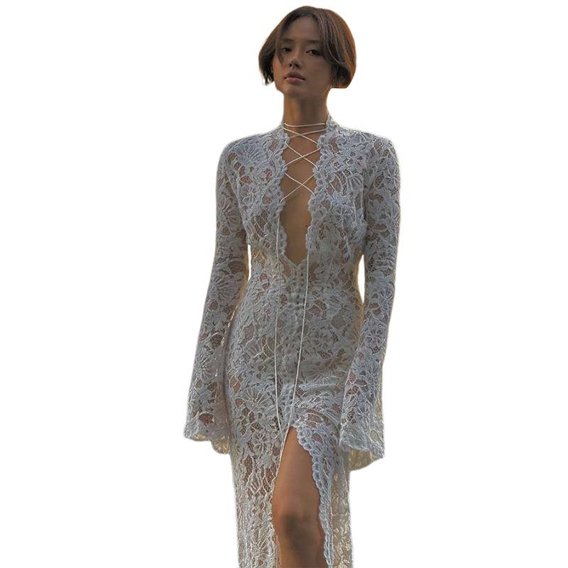 Dámské nové sexy krajkové duté šaty s hlubokým výstřihem do V, na ramínka, s rozparkem, slim, s dlouhým rukávem