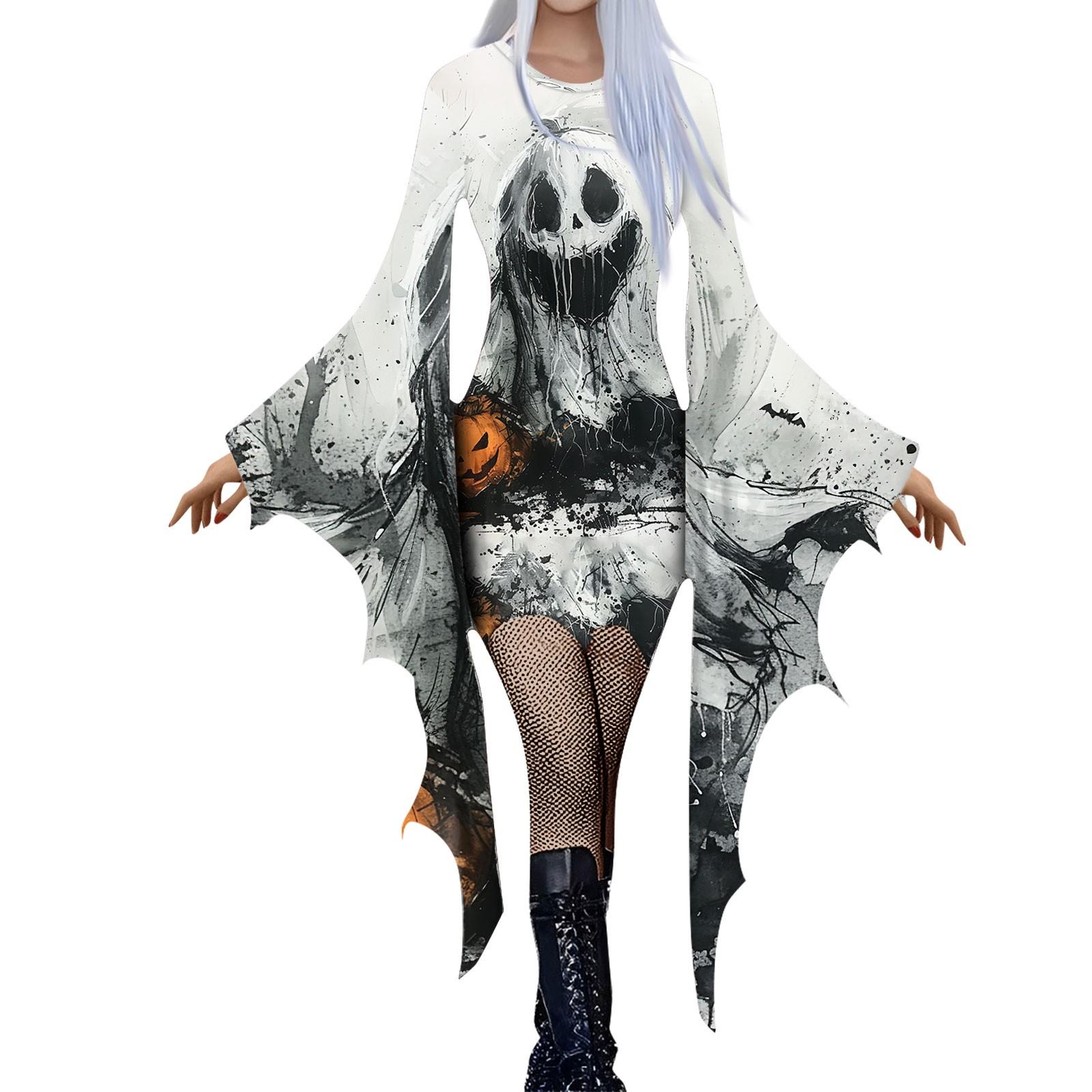 

Women Fashion Gothic Punk -Sleeve 3D Cute Halloween Print Irregular Party Dress XL білий