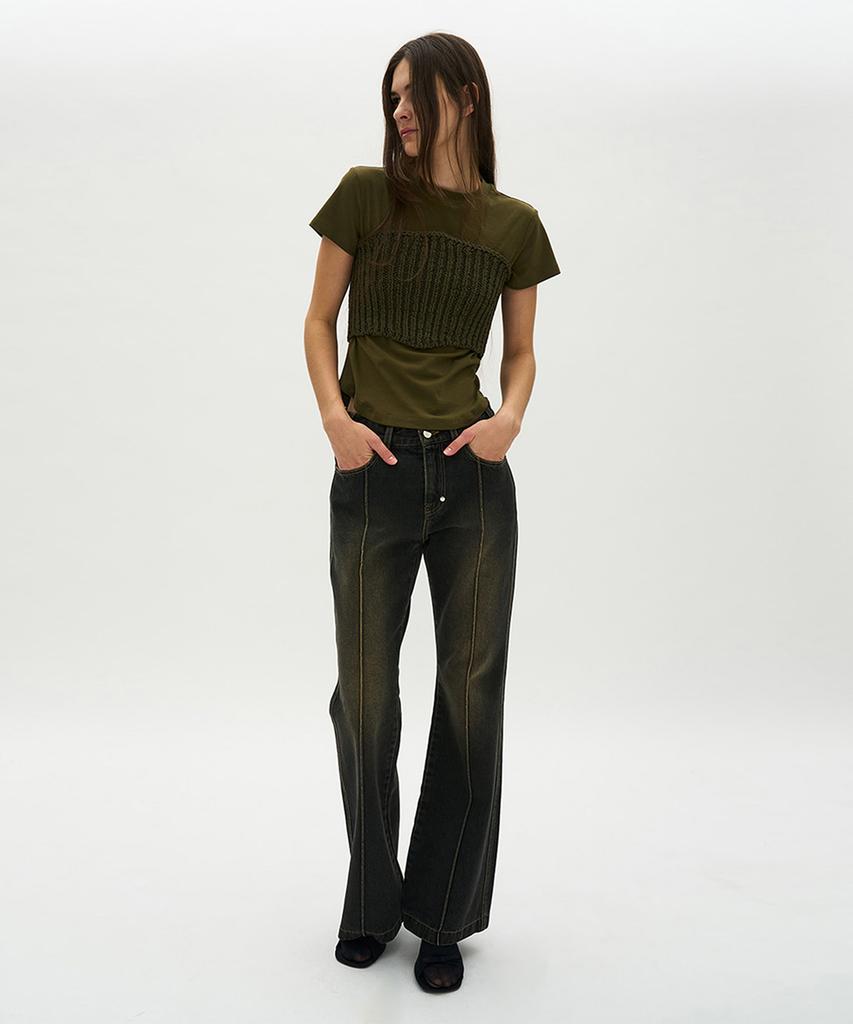 PARTIMENTO WOMEN Low-Rise Pintuck Bootcut Jeans_Khaki