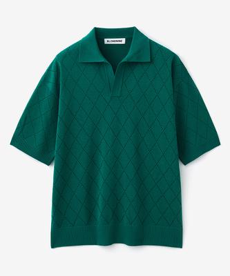 BLOND9 Cotton Diamond Open Collar Short Sleeve Knit_Green