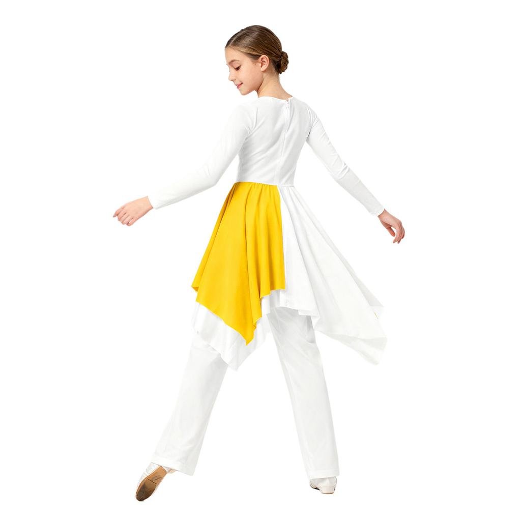 Girls Asymmetrical Hem Worship Dance Dress Elastic Waistband Pants Performance Set