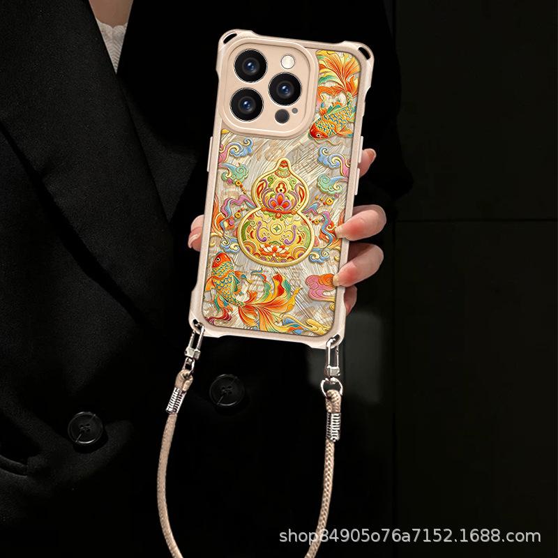 Koi Gourd Is Suitable for Apple 13Pro Mobile Phone Case 16 Lanyard 15p Leather Pattern 14 Anti-drop 13 Simple 12 Bracket Case