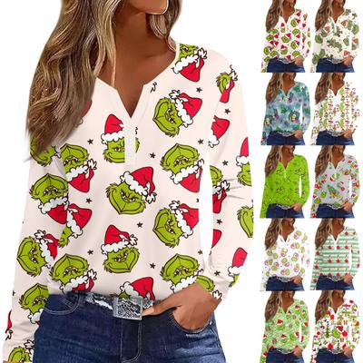 Women's Straight Shoulders Christmas Print Long Sleeve Straight Shoulders V-Neck Button T-Shirt Top