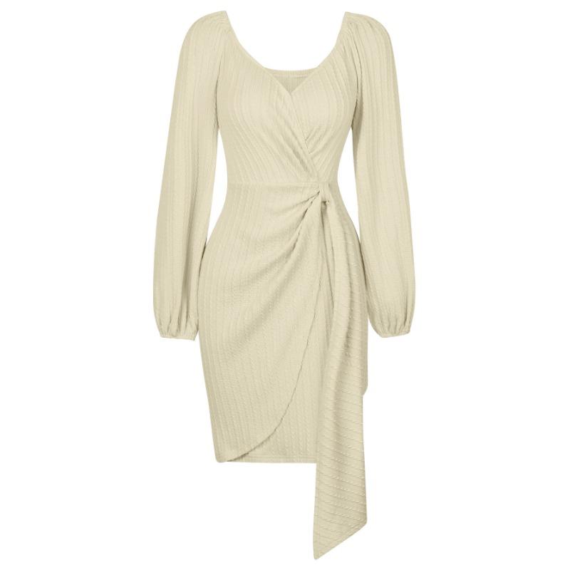 Jarní a podzimní dámské šaty Trendy jednobarevné tenké dámské šaty s výstřihem do V se zavazováním do pasu