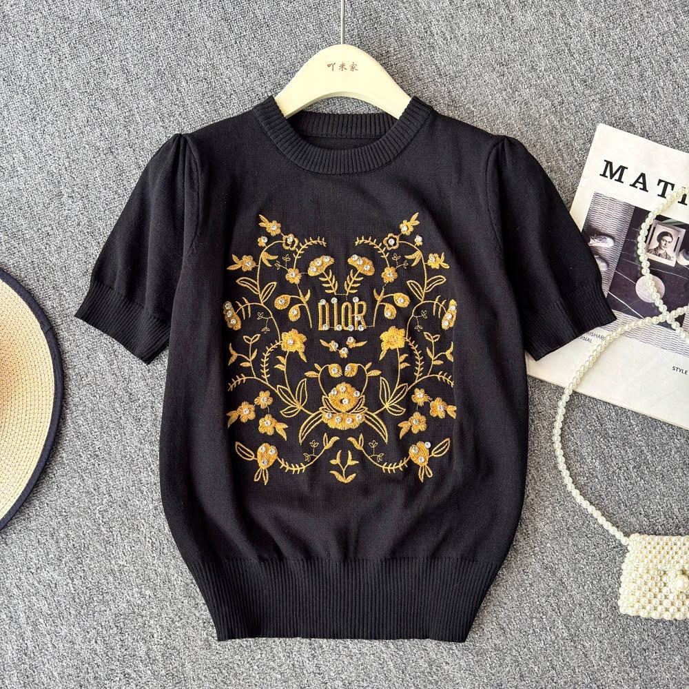 Summer Women O-neck Designer Embroidery Flower Beading Diamonds Knitted Sweater Pullover Tops Tshirt