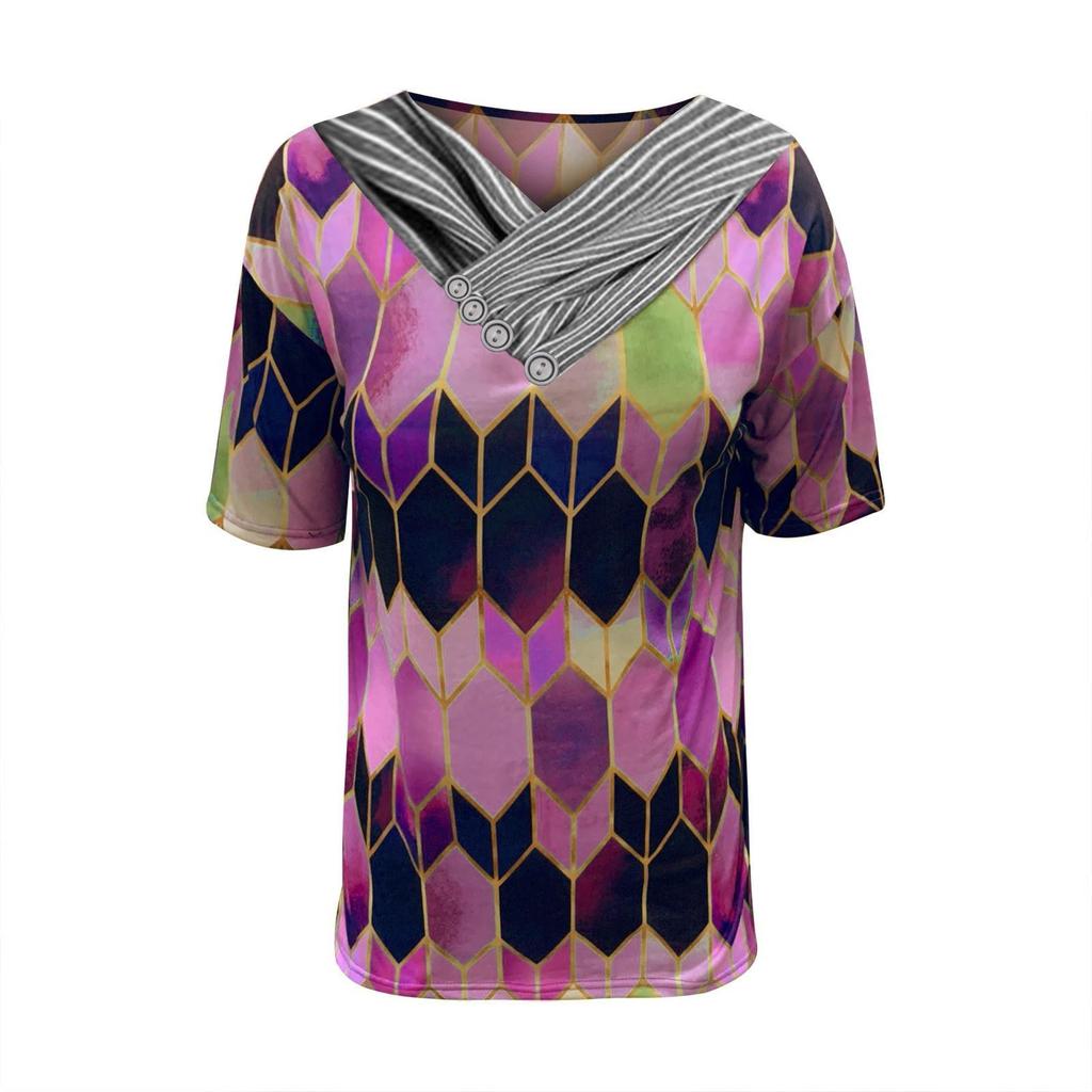 Women Tie-dye Printed Embroidery Collar Splicing Sleeve Pullover Blouse Tops