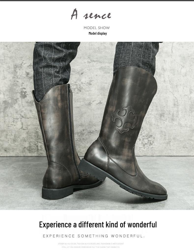 Bottes Western Cowboy en Cuir Mi-Mollet Style Européen & Américain pour Homme avec Fermeture Éclair