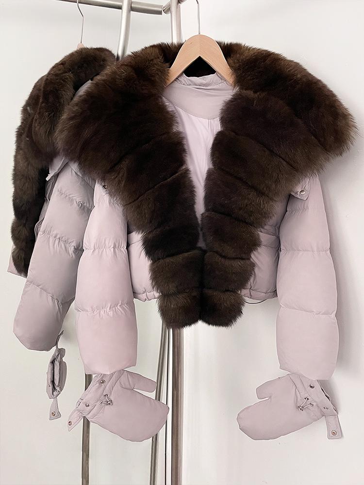OFTBUY New Winter Top Clothes Women Short Hooded Big Real Fox Fur Down Coat Female Natural Fur Fluffy Puffer Jacket with Gloves
