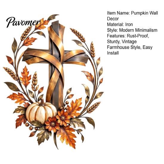 Floral Pumpkin Cross Sign Autumn Harvest Metal Wall Decor, Rustic with Golden Wheat Farmhouse Thanksgiving Door & Fall Leaves, Plaque for Porch Garden