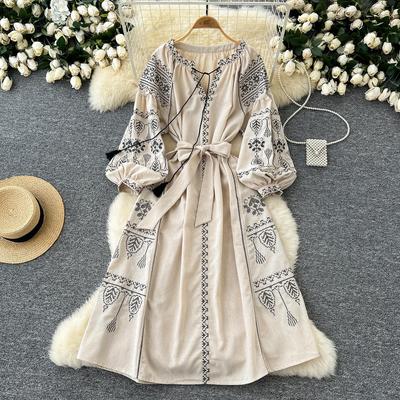 Moda donna primavera autunno manica lunga scollo a V vita alta abiti casual