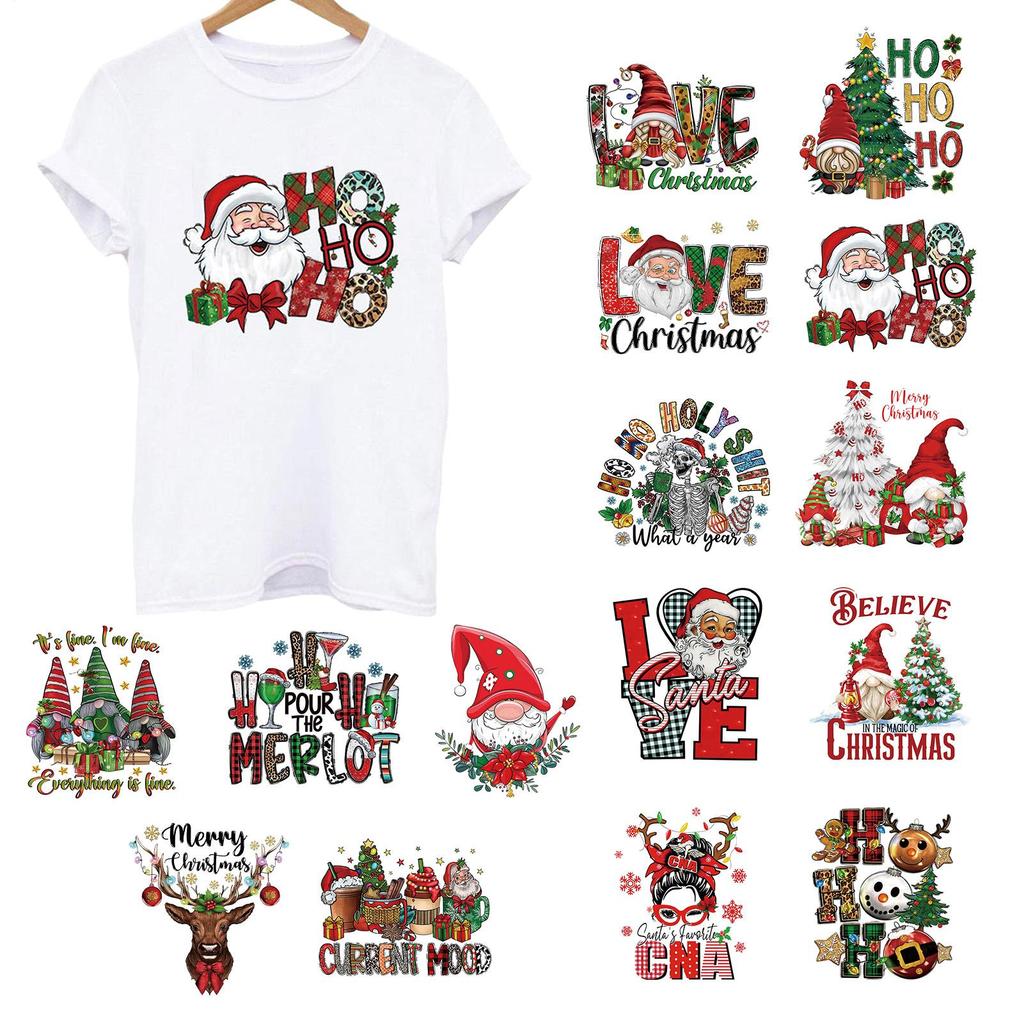 15pcs Christmas Cartoon Heat-Transfer Stickers Christmas Themed DTFTransfer Bundle PVC Vinyl Iron-On Decal Patches For T-Shirts
