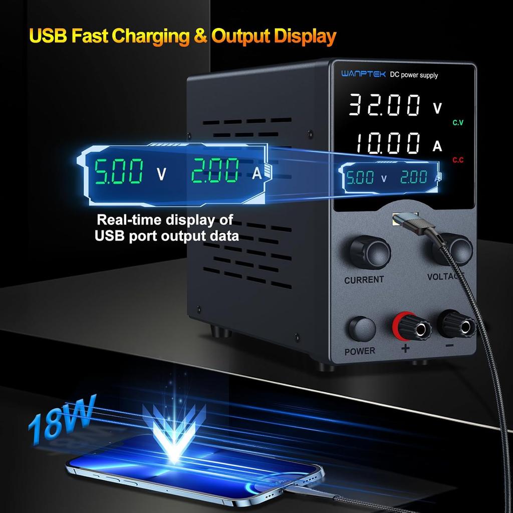 Wanptek DC Power Supply 30V 10A, Variable Bench Supply with Encoder, USB Fast Charge, 4-Digit LED Display