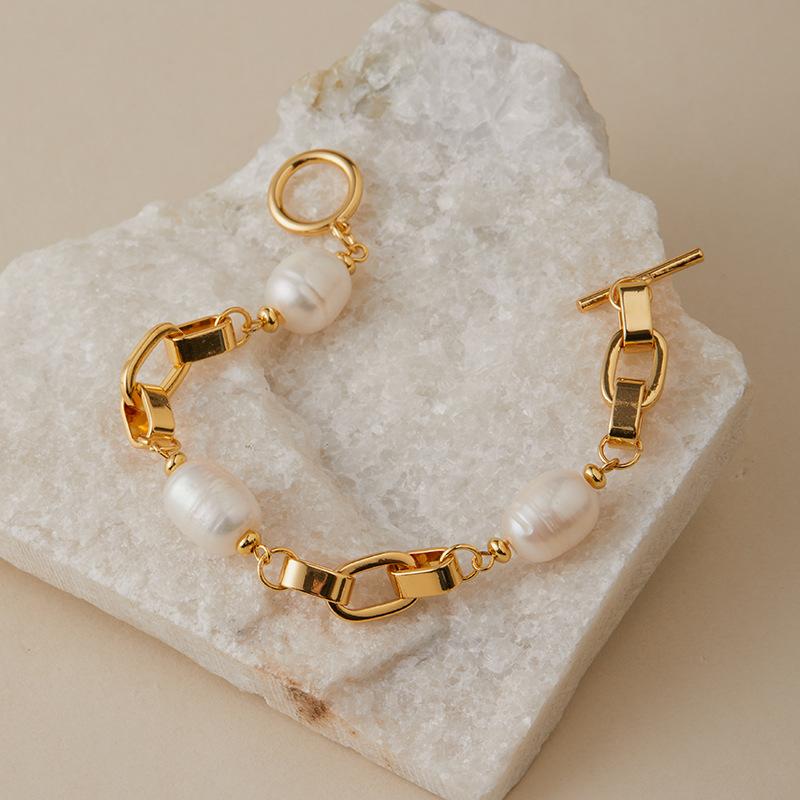 Gold Plated Mixed Chain Baroque Pearl Bracelet