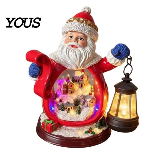 Santa Claus Resin Statue Christmas Figurine with LED Light, Glowing Statue, Snow Landscape Desktop Decoration for Party Favors
