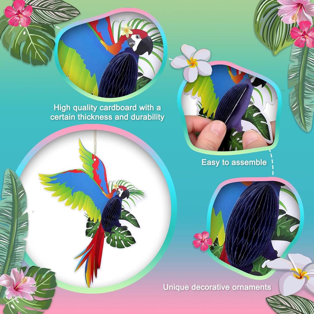Spakon 9 Pieces Tropical Birds Honeycomb Paper Cutouts Rio Luau Party Hanging Decorations Rainforest Hanging Paper Birds Hawaiian Parrot Honeycomb