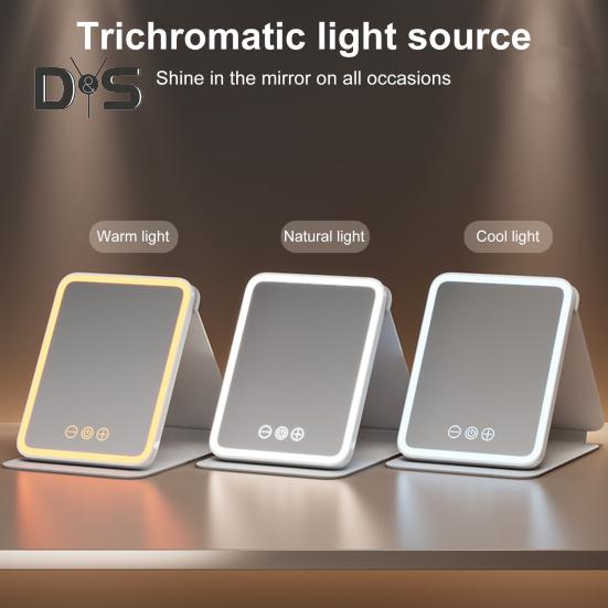 LED-beleuchteter Schminkspiegel, 3 Farbmodi, einstellbar, 2-in-1-Klappkosmetikspiegel, per USB wiederaufladbar, tragbarer Reise-Kosmetikspiegel