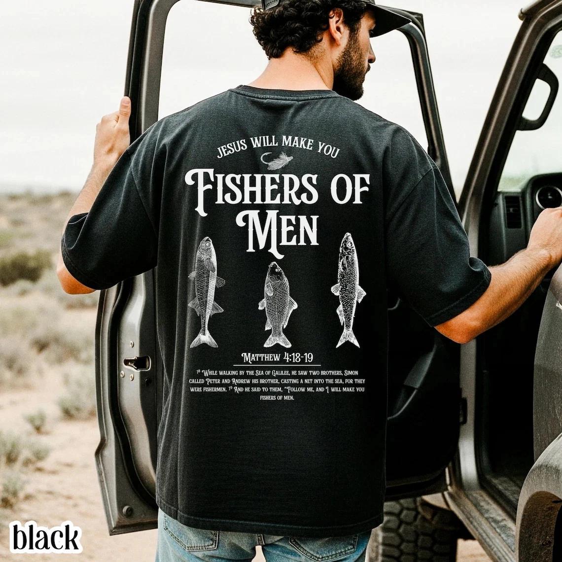 Fishers of Men Shirt Christian Fishing Gift for Dad Vintage Bible Verse Tee XL