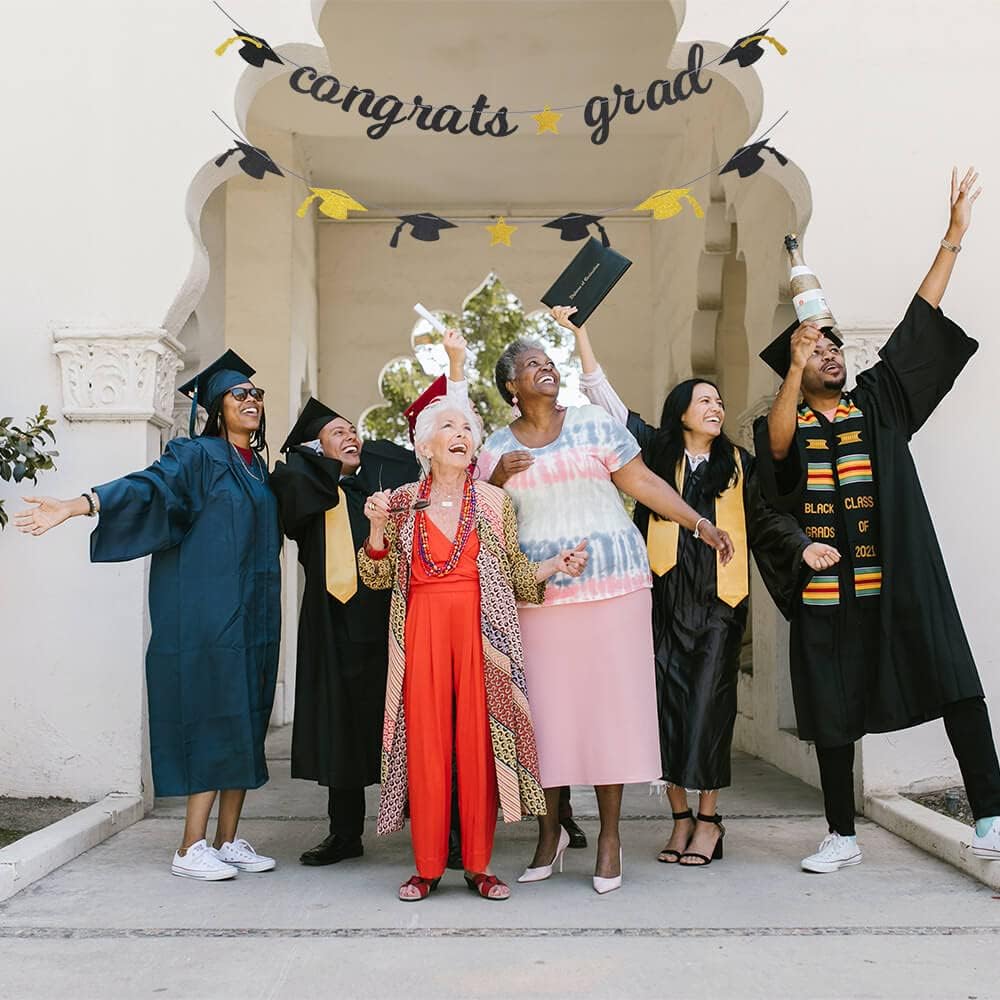 Congrats Grad Glitter Banner 2025 Graduation Congratulations Party Decorations Black Gold
