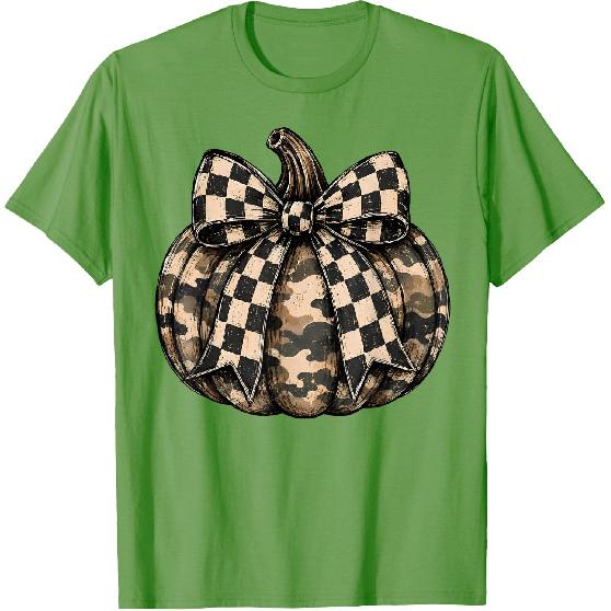 Camo Pumpkin with Checkered Bow Cute Fall Halloween Season T-Shirt