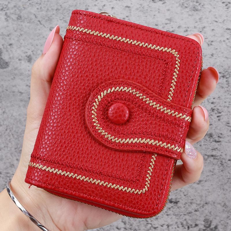 Korean Style Women's Litchi Pattern Embroidered Wallet with Zipper & Buckle