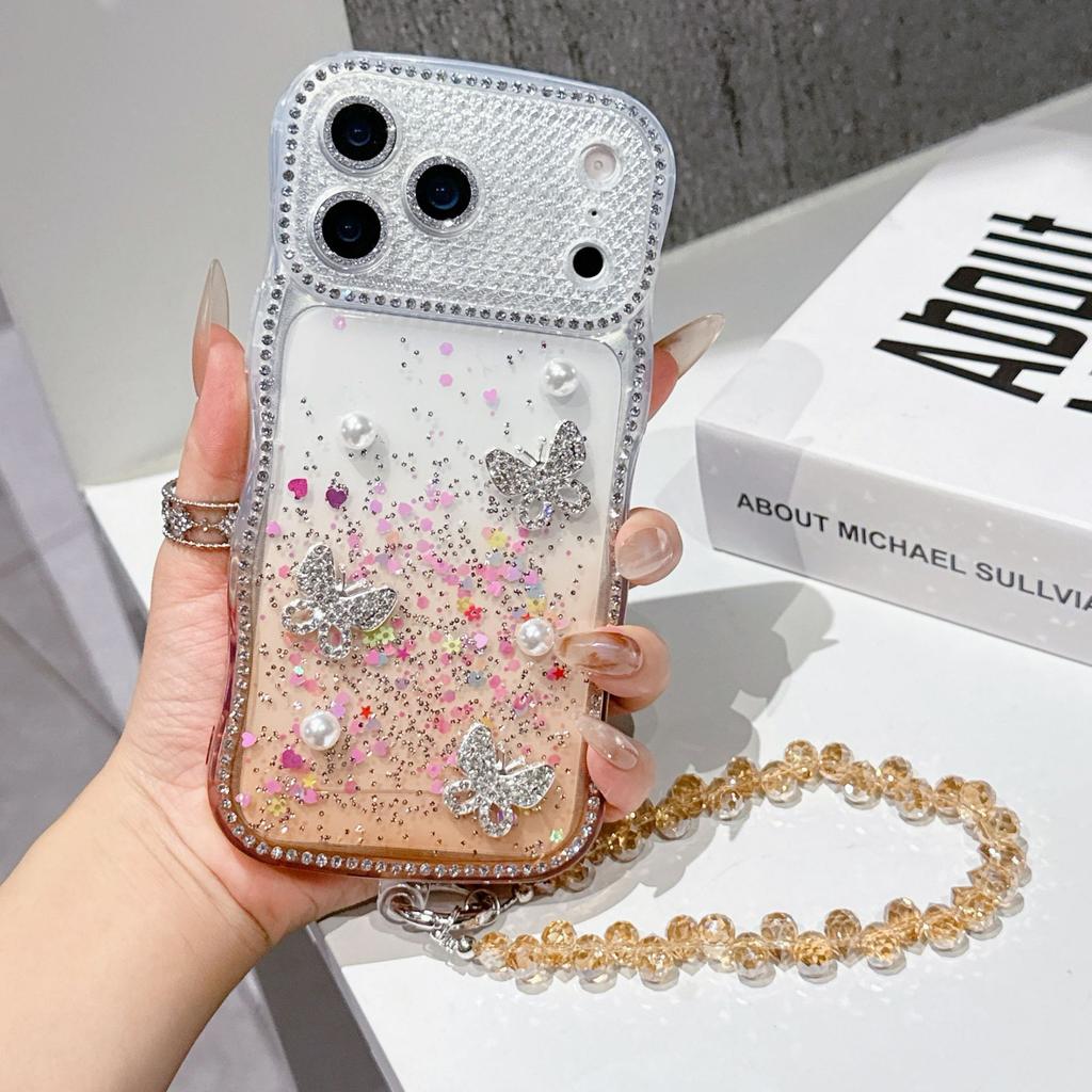 Star diamond Epoxy is suitable for Apple 15PROMAX mobile phone case love glitter with pearl rhinestone butterfly 14Pro.