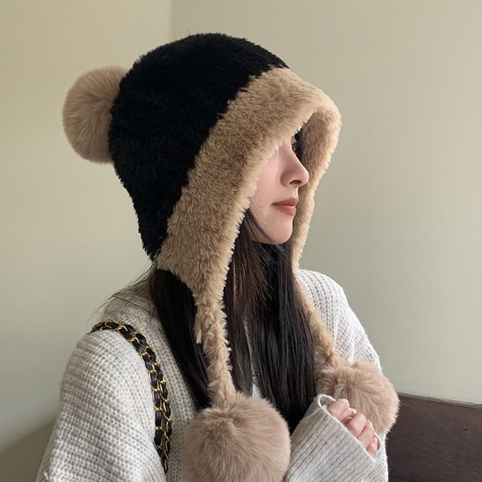 Women's Winter Cold-Resistant Hat Large Head Circumference Plush Pom-Pom Cute Earflap Ear-Covering Fleece-Lined Thickened Color-Block Knitted Hat