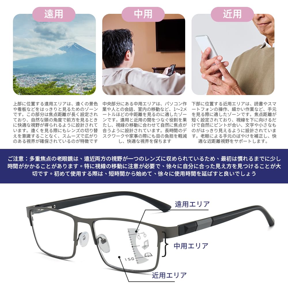 Reading Progressive Multifocal Senior Blue Light Stylish Square Lightweight Reading Glasses with Gunmetal Color B1378 [FEISEDY] Men's Glasses, Lenses,