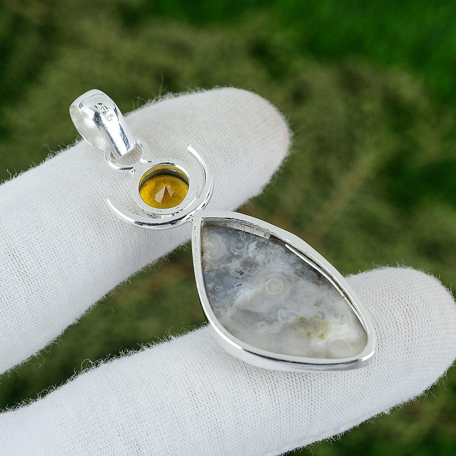925 Silver Natural Mexican Laguna Lace Agate Citrine Bezel Boho Pendant Jewelry
