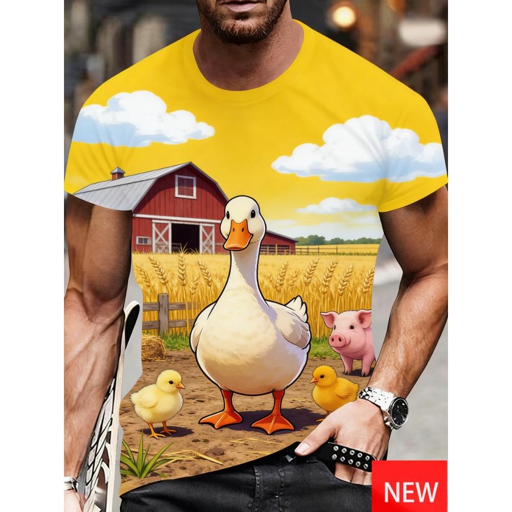 Men's Fun Beach Shirt Summer Vacation Fashionable Duck And Tropical Palm Tree Pattern Tshirt Casual Short Sleeve Oversized Tees