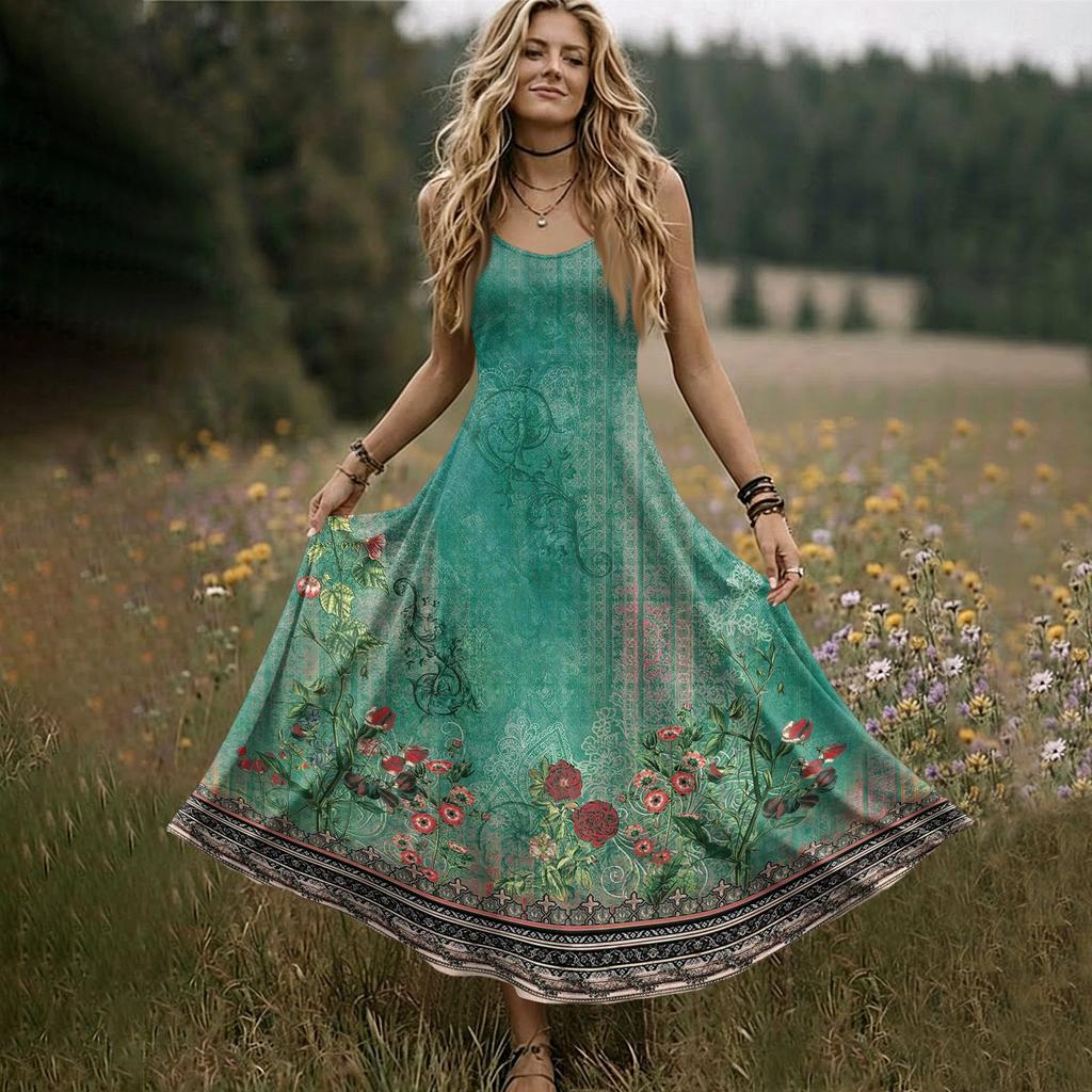 Women’s V Neck Sleeveless Maxi Dress with Adjustable Spaghetti Straps and Floral Print for Summer Beach Wear