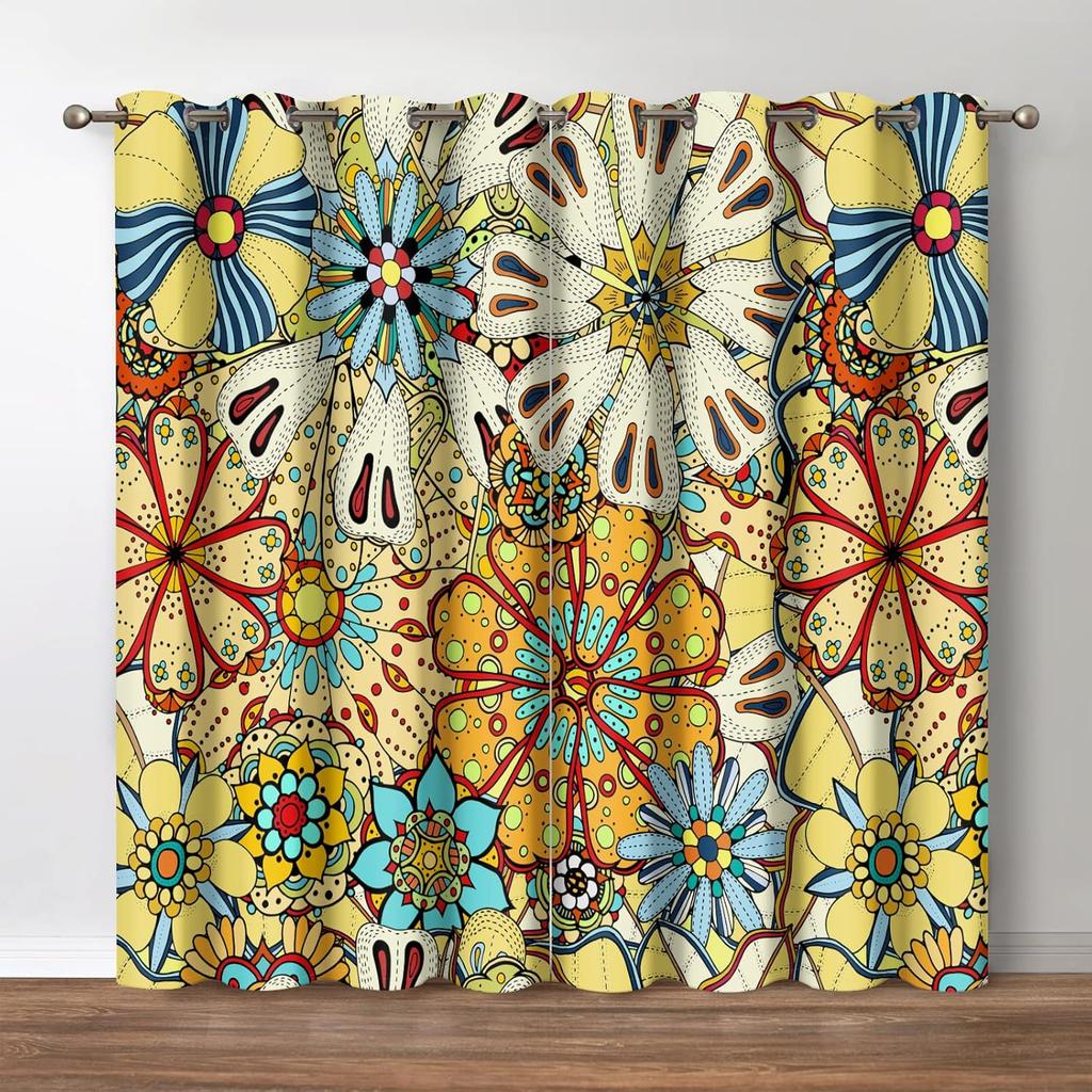 Blumige Verdunkelungsvorhänge, Boho Bunter Blumendruck Dekor für Zuhause Schlafzimmer Wohnzimmer Ösenfenster Verdunkelungsvorhänge