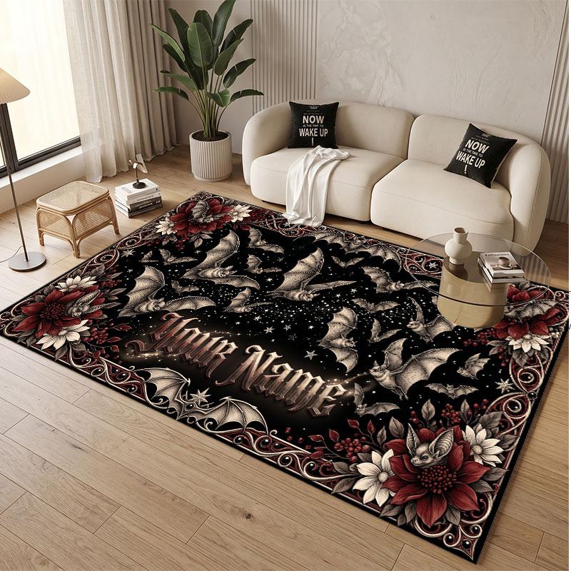 Totenkopf Gothic Thema Weicher Kristall-Samt Teppich Benutzerdefinierter Name & Text Druck Rutschfester Boden Teppich für Schlafzimmer Wohnzimmer