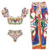2024 European & American Women's Enamel Print Ruffle Swimsuit Set