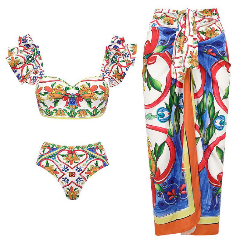 2024 European & American Women's Enamel Print Ruffle Swimsuit Set