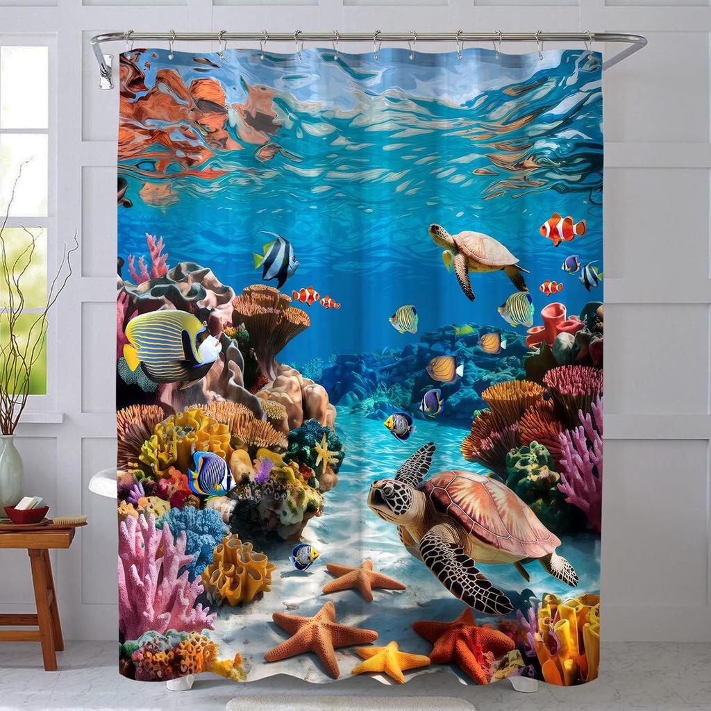 Sea Turtle Shower Curtain Ocean Beach Coastal Seaworld Marine Life Bathroom Curtain Set with Hooks Home Decoration