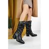 Women's Genuine Leather Chunky Mid Heeled High Boots