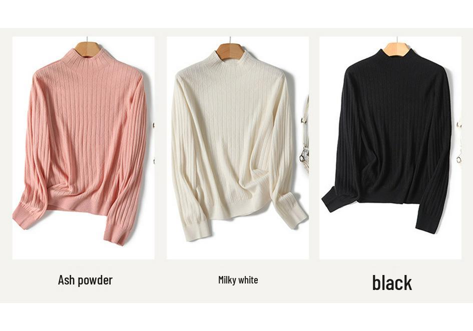 Women's 100% Wool Ribbed Sweater, Half-High Neck, Seamless & Soft, TN1615 - Ideal Autumn/Winter Base Layer, 30 Count