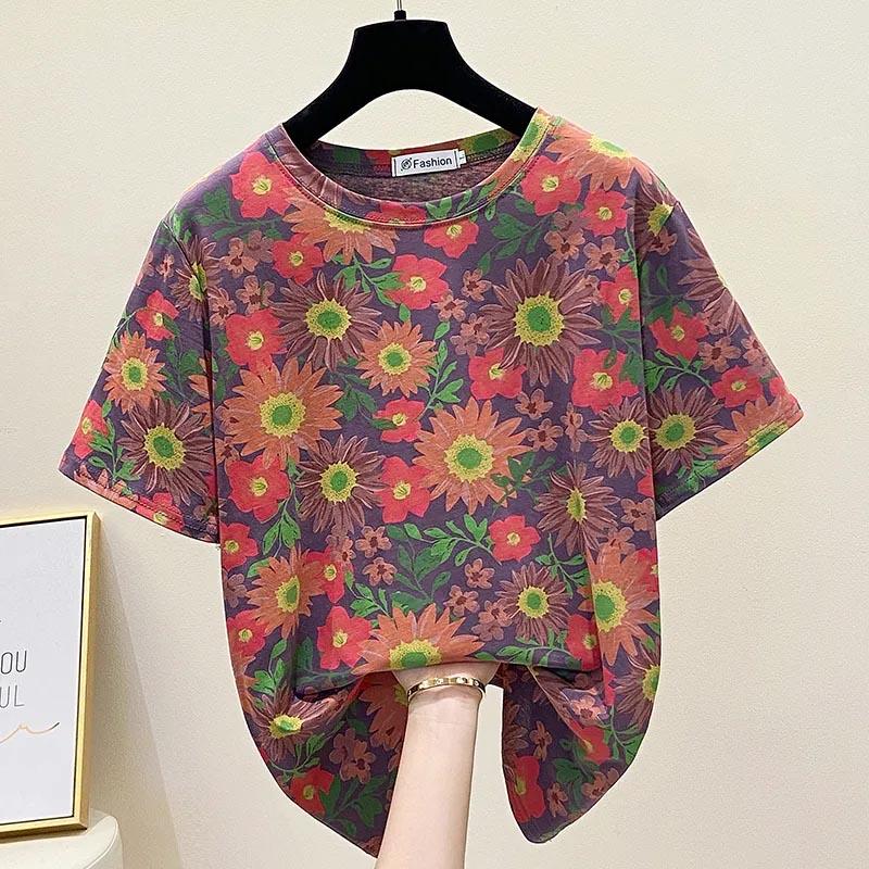 Tops Women Cotton Summer Large Size T-shirt Round Neck Loose Printed Casual Pullover T-shirt Top