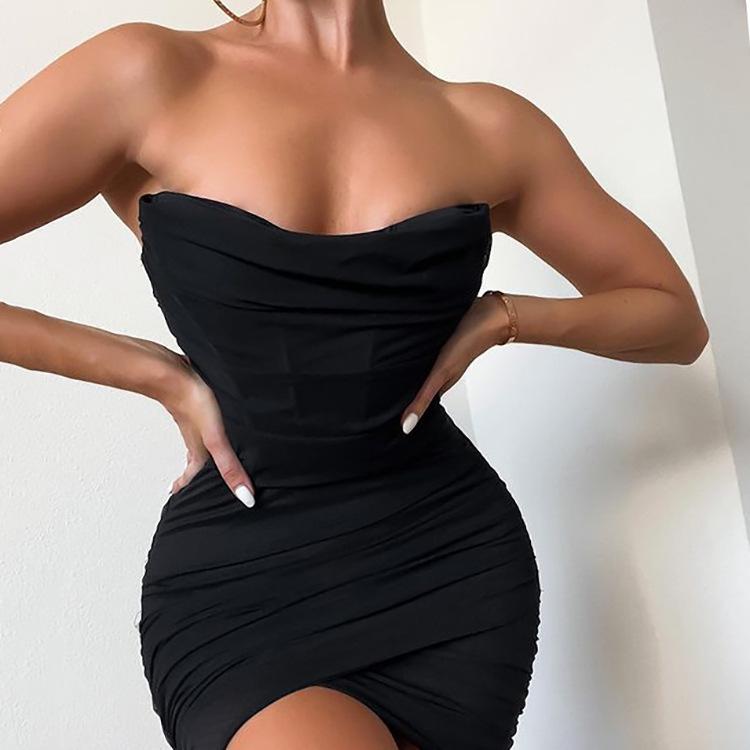 European and American mesh dress sexy women's clothing fishbone one-word collar pleated tube top hip short dress dress