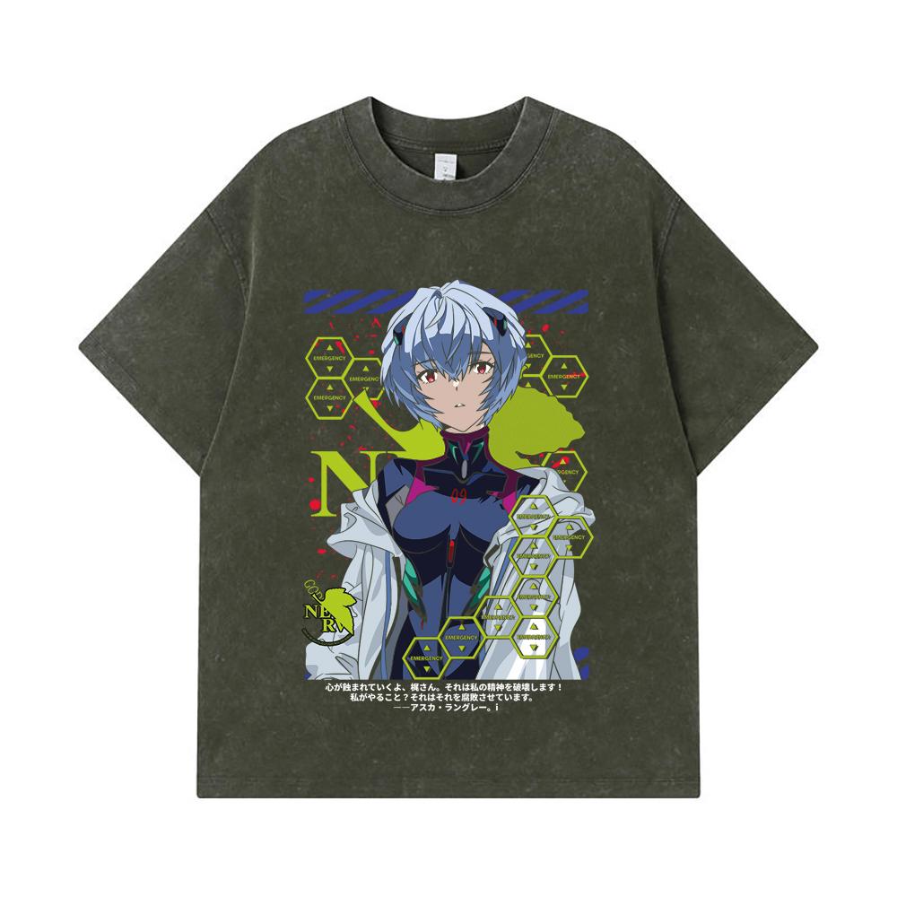 275 GSM Washed T-shirts 100% Cotton Evangelion V6 Rei Print Unisex Heavy Cotton T Shirt S