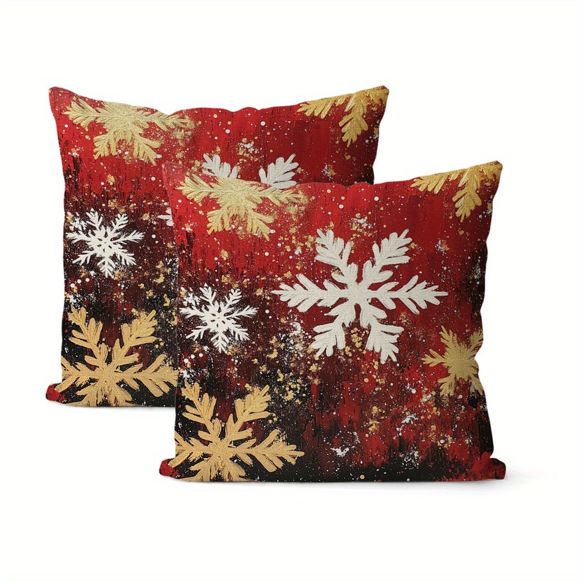 2pcs Christmas Pillow Covers Retro Art Style Red Golden Snowflake Digital Print Polyester Pillowcases with Zipper Closure 2PCS