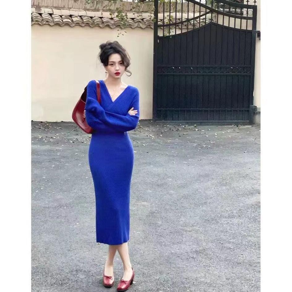 

Французское элегантное шерстяное платье с v-образным вырезом, стиль знаменитостей, тонкое осенью и зимой, трикотажное платье, женское XL синий