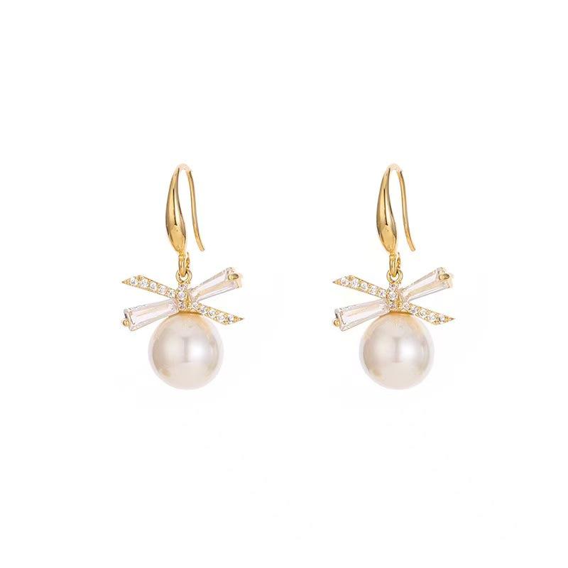 High-End Bow Earrings for Women: Light Luxury Fashion with Faux Pearl Studs & Versatile Ear Hooks