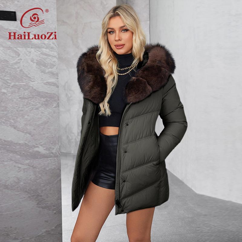 HaiLuoZi 2024 neue Winterjacke mit Kapuze, Kunstpelzkragen, Damenparka, einfarbig, Damen-Baumwollkleidung 622-1