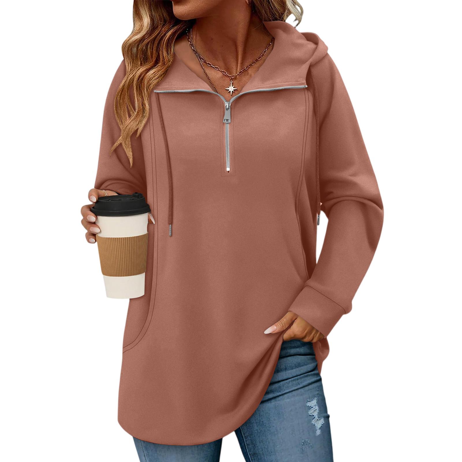 

Женский однотонный пуловер с молнией, кулиской и карманом XXL