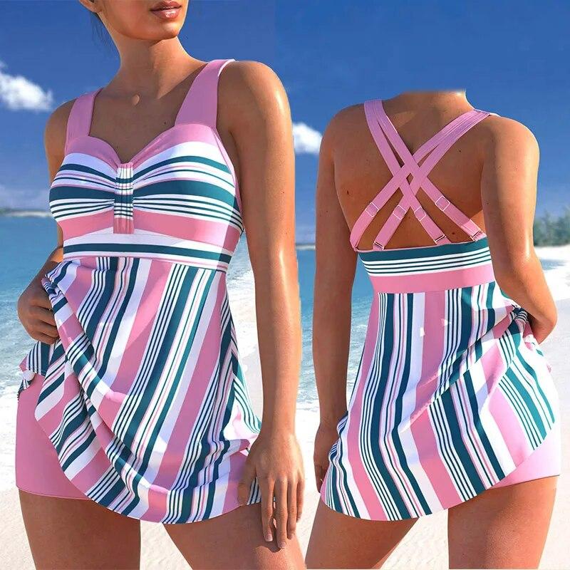 

Женские купальники Танкини 2 шт. Обычный купальник с открытой спиной и принтом Регулируемые разноцветные купальные костюмы Сексуальная пляжная одежда для отдыха 5XL розовый