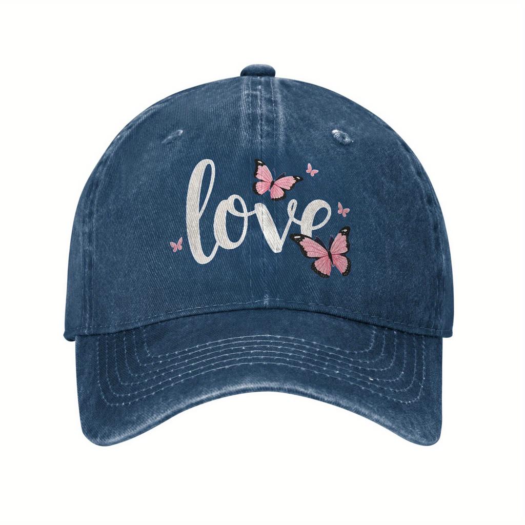 Love Butterfly Print Denim Washed Baseball Cap Vintage Polyester Casual Adjustable Hat Unisex