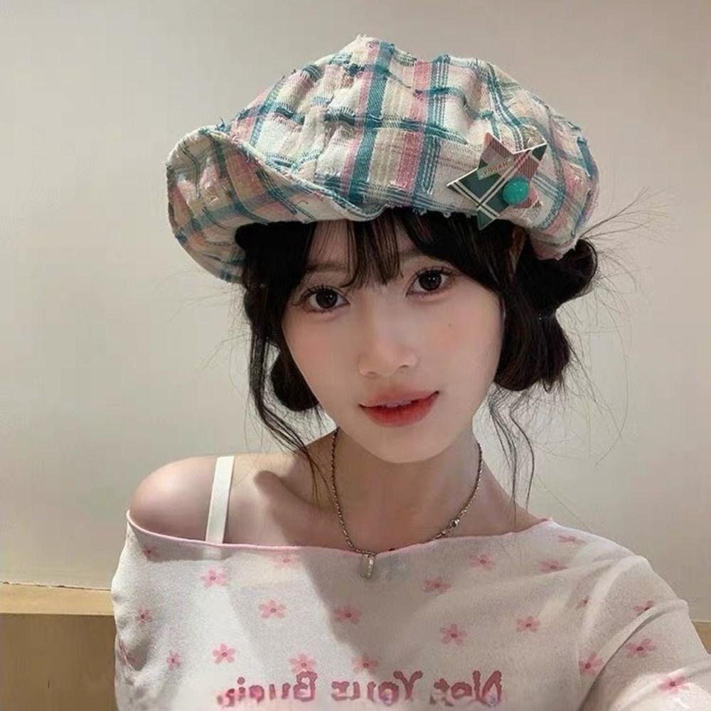 Y2k Octagonal Caps Korean Painter Hat Vintage Plaid Cloud Berets Girls
