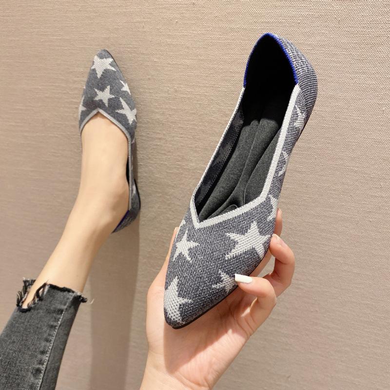 Flying single shoes women's new knitted mid-heel pointed breathable woven shoes fashionable shallow flat shoes